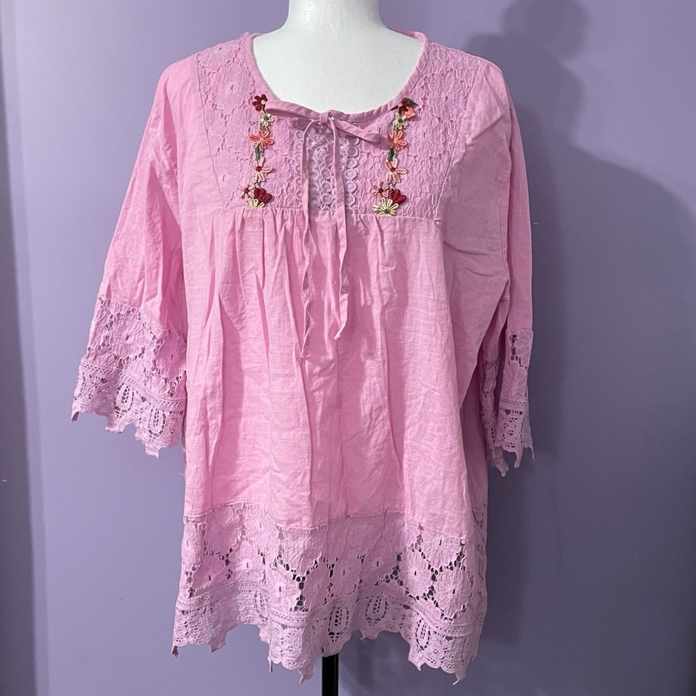Pink Cotton and Lace Trim Embroidered Women's Top S 5XL